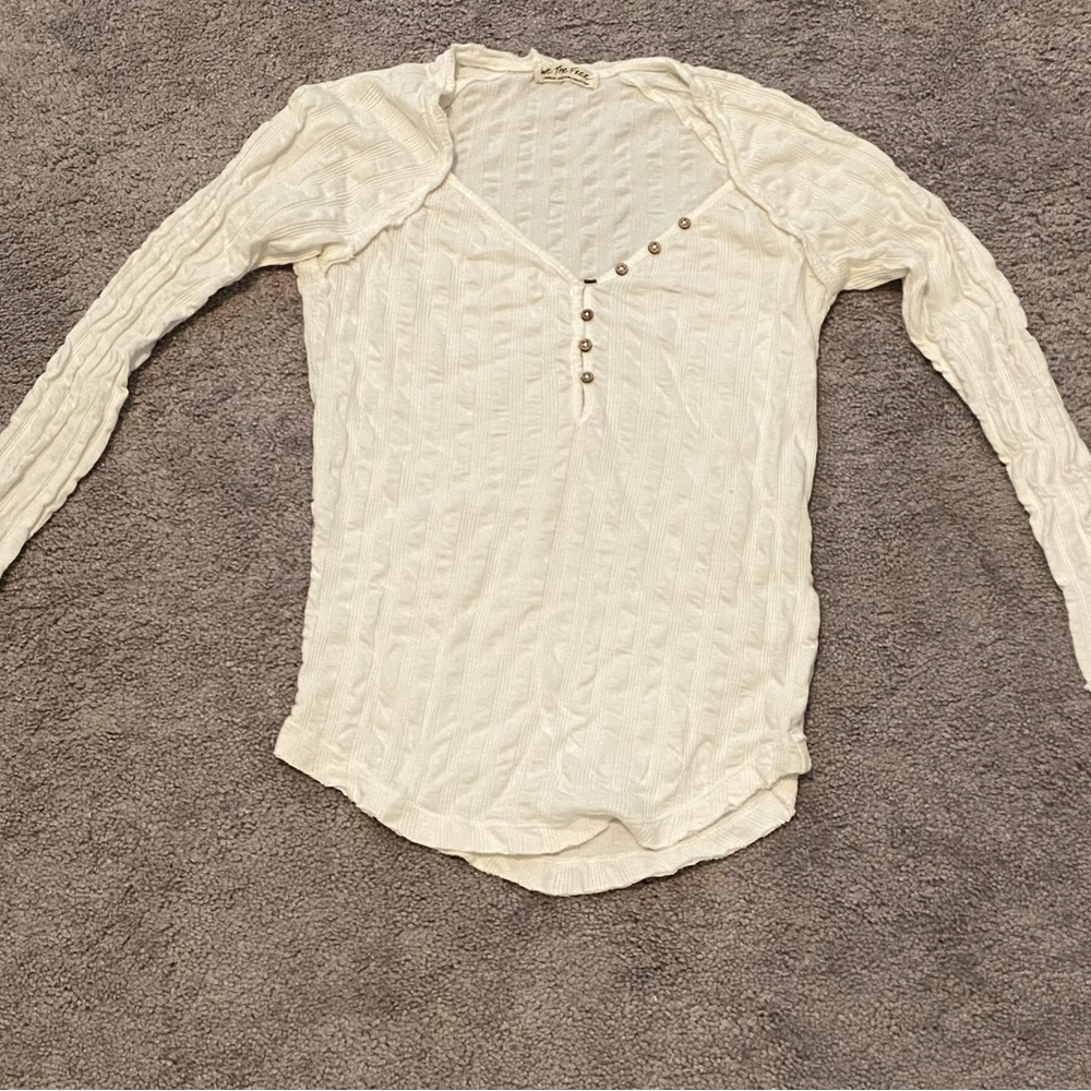 Free People Cream Long Sleeve Top with Button Detail
